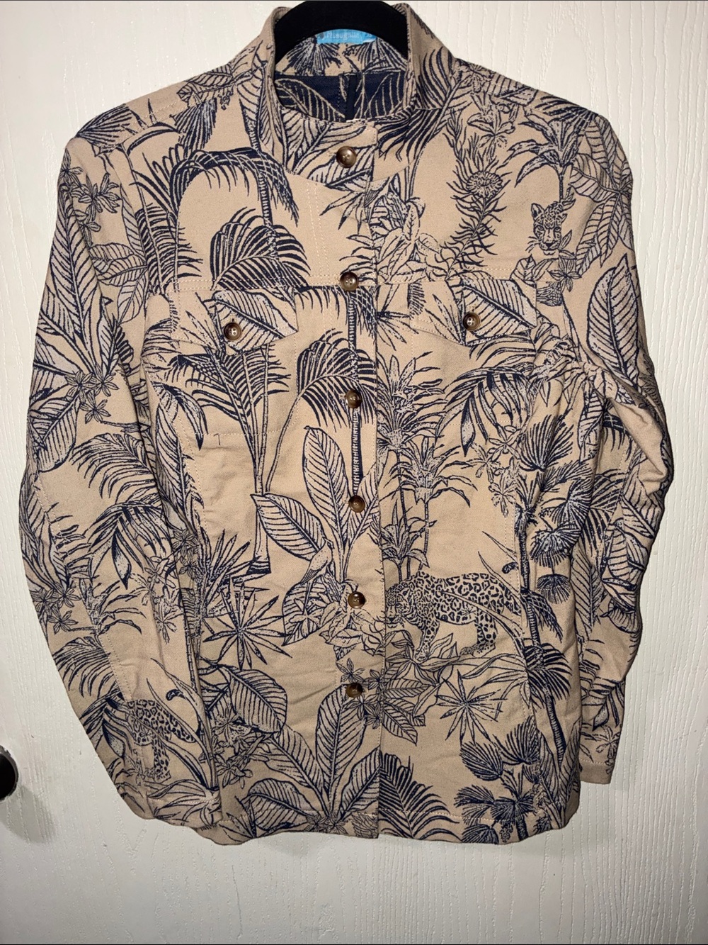 J. McLaughlin Beige Button-Down Shirt with Navy Tropical Print